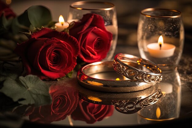 Hermosas flores rojas y velas iluminan la mesa en este primer plano de alianzas de boda