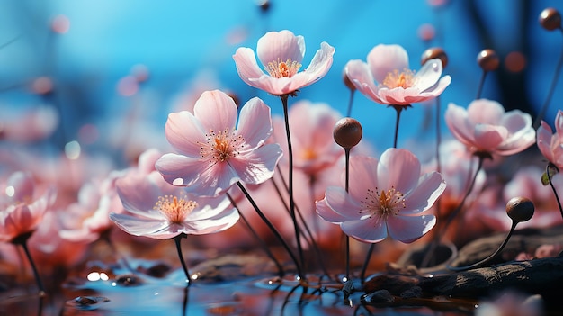 Hermosas flores rosadas anémonas mañana de primavera fresca en la naturaleza y mariposa azul voladora en suave