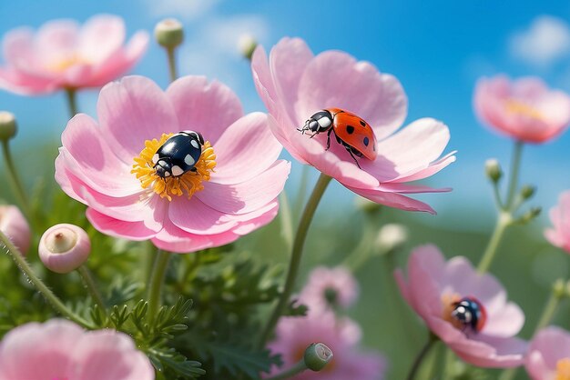 Hermosas flores rosadas anémonas y mariquitas en primavera naturaleza al aire libre contra el cielo azul macro enfoque suave imagen artística colorida mágica ternura de la naturaleza papel tapiz floral de primavera
