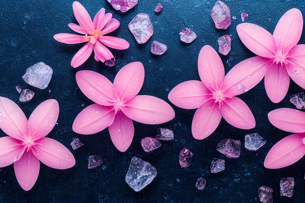 Hermosas flores rosadas y cubitos de hielo en espacio de copia de savia