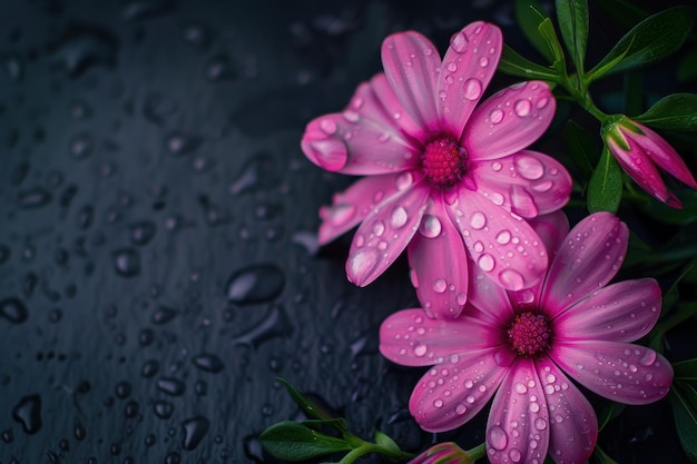 Foto hermosas flores rosadas con gotas de agua en un fondo oscuro