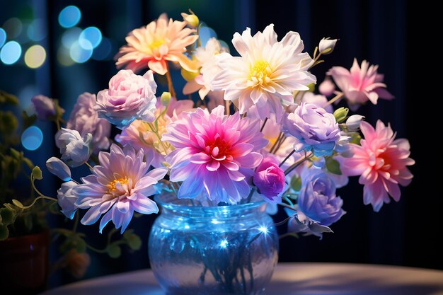 Hermosas flores rosadas en maceta transparente con iluminación de neón como decoración de la habitación