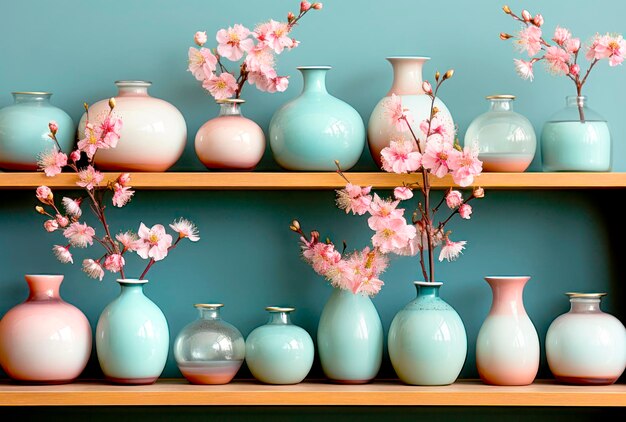 Hermosas flores rosadas de primavera en un jarrón en la mesa cerca de una tarjeta postal de fondo floral de pared azul