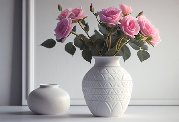 Foto hermosas flores rosas rosadas rosas en un jarrón en un estante contra una pared blanca generado por ia