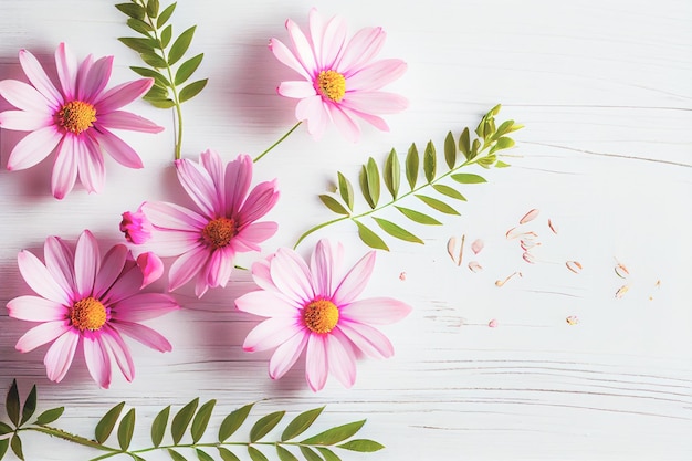 Hermosas flores rosas sobre fondo blanco de madera Concepto de San Valentín con espacio de copia