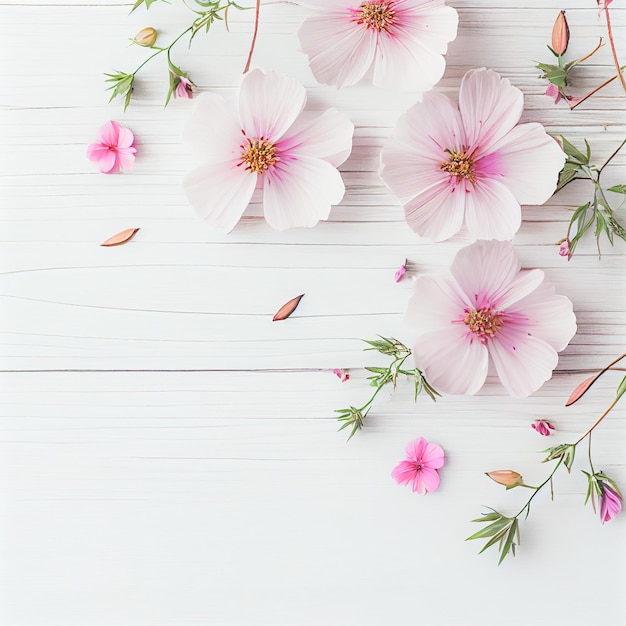 Hermosas flores rosas sobre fondo blanco de madera Concepto de San Valentín con espacio de copia