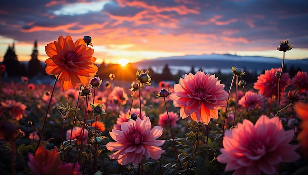 Foto hermosas flores silvestres manzanilla púrpura y rosa guisantes silvestres luz del sol mañana neblina en la naturaleza primer plano macro paisaje gran formato espacio de copia tonos azules frescos encantadora imagen artística pastoral aireada