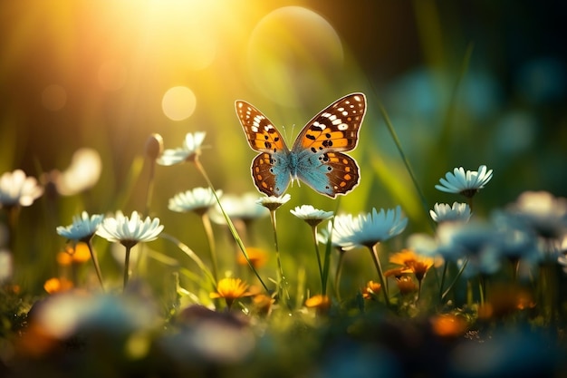 Hermosas flores silvestres y una mariposa en un prado Generativo Ai
