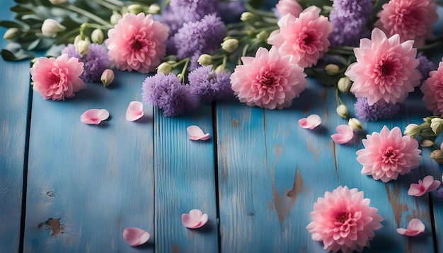 Hermosas flores sobre un fondo de madera azul