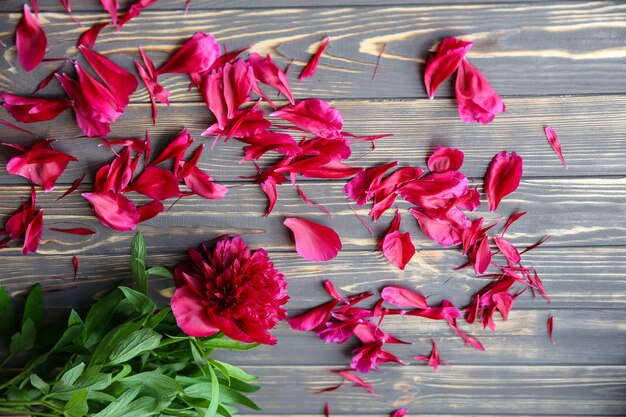 Hermosas flores sobre fondo de madera. Ramo de peonías. Lay Flat perfecto con pétalos. Postal de vacaciones de madre feliz. Saludo del día internacional de la mujer. Idea elegante para publicidad o promoción.