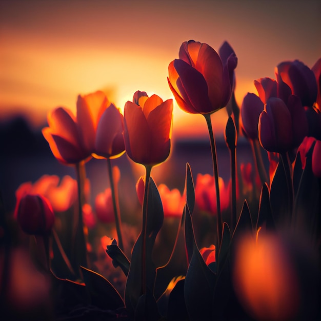 Hermosas flores de tulipán en campo de hierba con ai generativo de fondo al atardecer