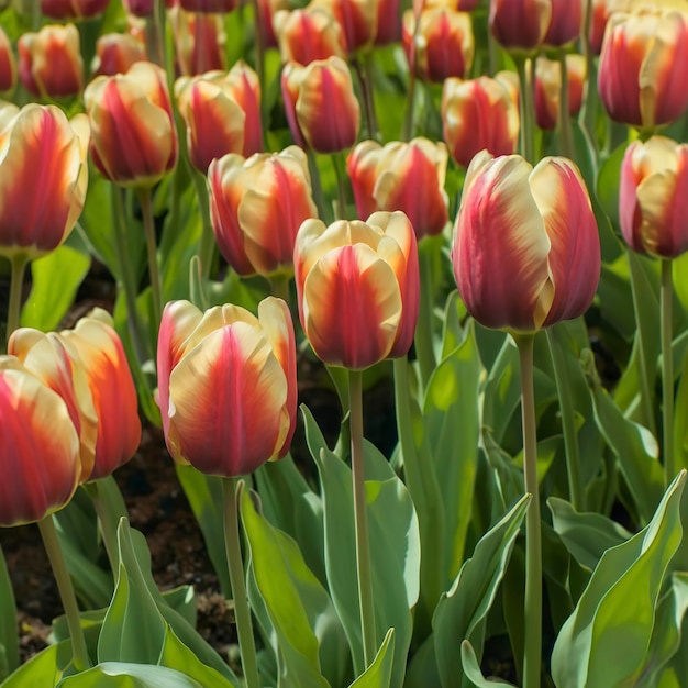 Hermosas flores de tulipán rosas y rojas en el jardín