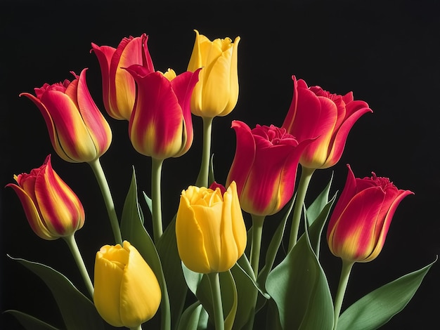 Hermosas flores de tulipán sobre fondo negro IA generativa