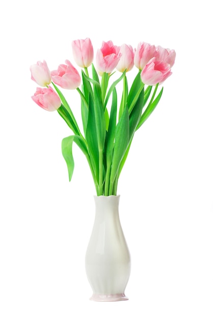Hermosas flores de tulipanes rosas en jarrón aislado sobre fondo blanco 8 de marzo Día de la Madre Pequeño DOF
