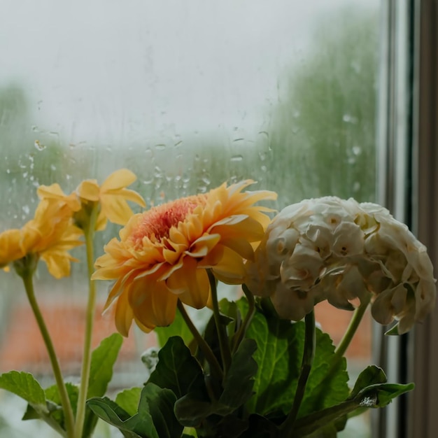 Hermosas flores vistas detrás del vidrio de humedad