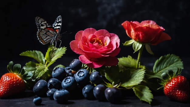 Hermosas fotos de fresas sobre un fondo oscuro