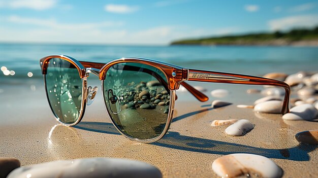 Foto hermosas gafas de sol junto al mar o al océano, clima cálido, vacaciones y turismo de fin de semana.