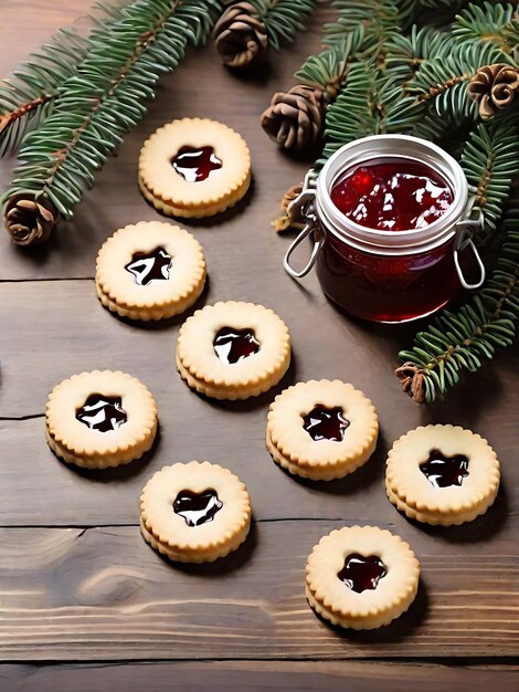 Hermosas galletas Linzer con mermelada dulce y ramas de abeto en la mesa de madera Vista superior