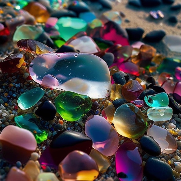 Hermosas gemas multicolores de playa, imágenes de piedras de cristal, arte generado por IA