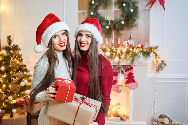 Hermosas gemelas en trajes de navidad.