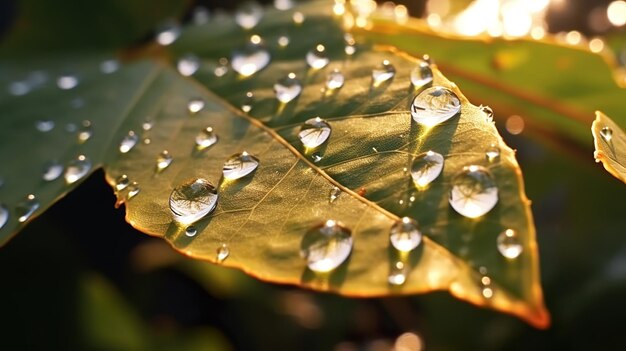 Hermosas gotas de agua brillan al sol en la hoja a la luz del sol macro Gran gota de rocío matutino al aire libre