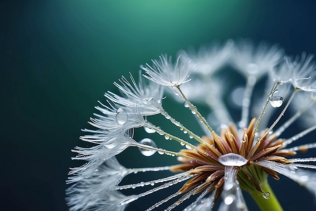 Hermosas gotas de agua de rocío brillantes en la semilla de diente de león en la naturaleza macro enfoque selectivo suave bokeh brillante fondo verde azul oscuro