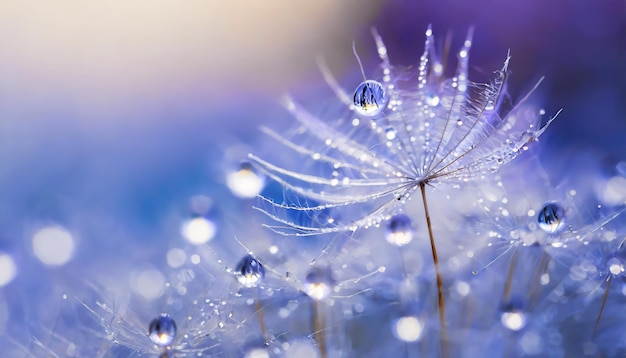 Hermosas gotas de rocío en una semilla de diente de león macro hermoso fondo azul claro y violeta