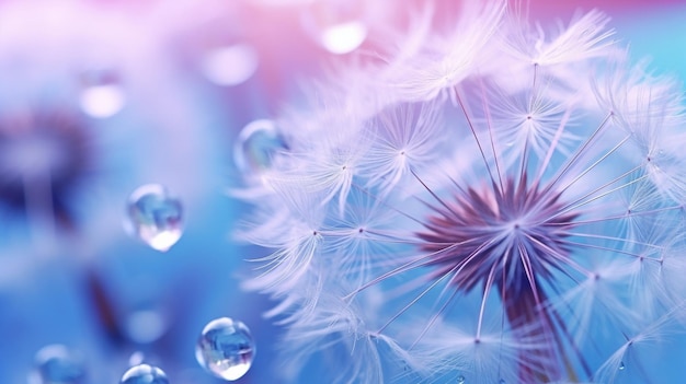 Hermosas gotas de rocío sobre una macro de semillas de diente de león Hermosa suave luz azul y violeta IA generativa