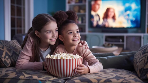 Foto hermosas hermanas jóvenes comiendo palomitas de maíz en casa.