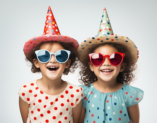 Hermosas hermanitas con sombreros de fiesta sobre un fondo blanco