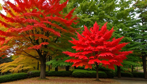 Hermosas hojas de arce rojas y verdes en el árbol