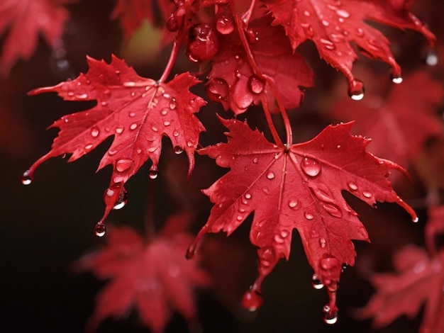 Foto hermosas hojas de arce rojo con gotas de rocío