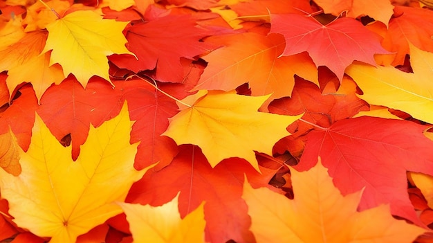 Hermosas hojas de otoño sobre fondo rojo de otoño Soleado Luz del día horizontal