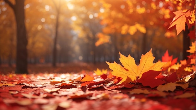 Hermosas hojas de otoño sobre fondo rojo de otoño Soleado Luz del día horizontal