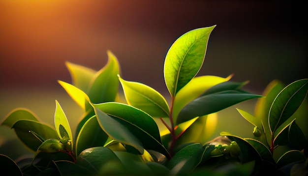 Hermosas hojas de té verde con luz solar IA generativa