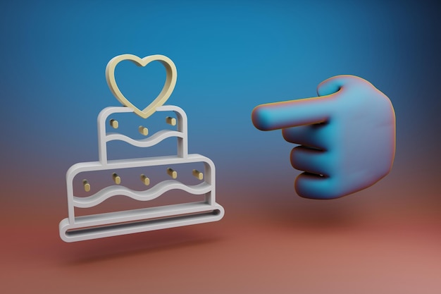Hermosas ilustraciones abstract El dedo índice de la mano señala el pastel de boda con el icono del símbolo del corazón en
