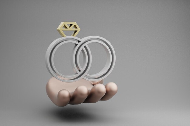 Foto hermosas ilustraciones abstractas anillos dorados que sostienen la mano icono del símbolo en un fondo gris renderización 3d