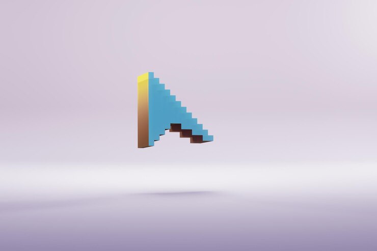 Foto hermosas ilustraciones azules de píxeles con íconos de símbolo del cursor en un fondo rosado brillante renderización 3d