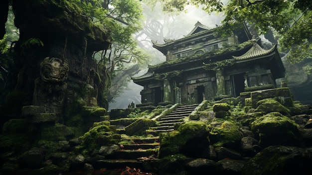 Hermosas imágenes de paisajes de templos antiguos de la selva budista generadas por IA.