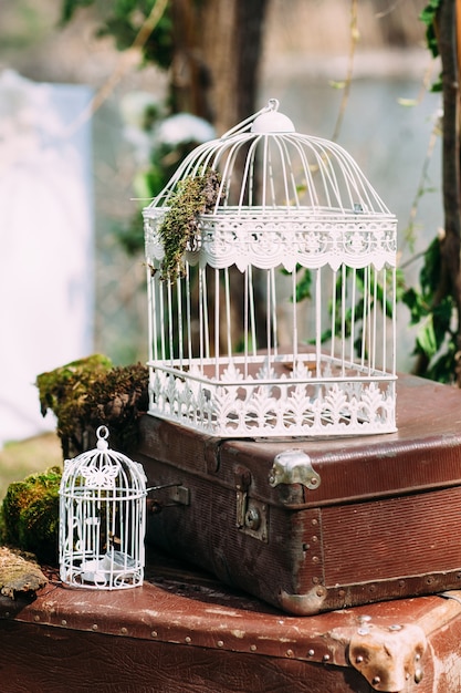 Hermosas jaulas de pájaros blancos en maletas viejas. Decoración festiva