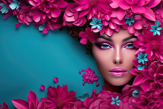 Hermosas jóvenes sensibles tres mujeres morenas con ojos de pluma de pavo real Moda Mujer Cara Perfecto Maquillaje concepto de estilo de vida 8 de marzo Feliz día de la mujer con flores de peonía rosa pastel color azul