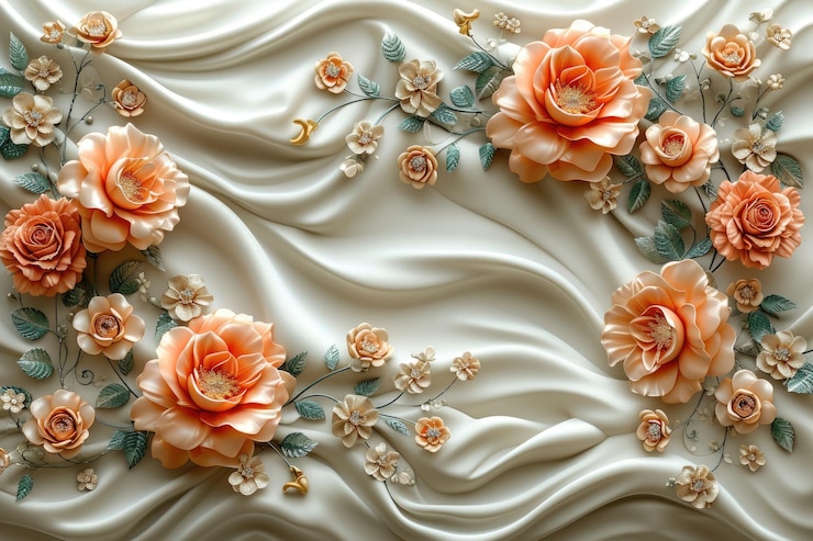 Hermosas joyas rosas y flores como decoraciones lujosas telas de fondo de seda impresas en 3D