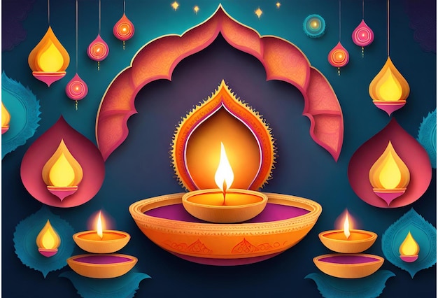 Foto hermosas lámparas de diwali con fondo tradicional