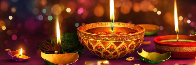 Hermosas lámparas de Diwali con fondos de bookeh encendidas durante la celebración