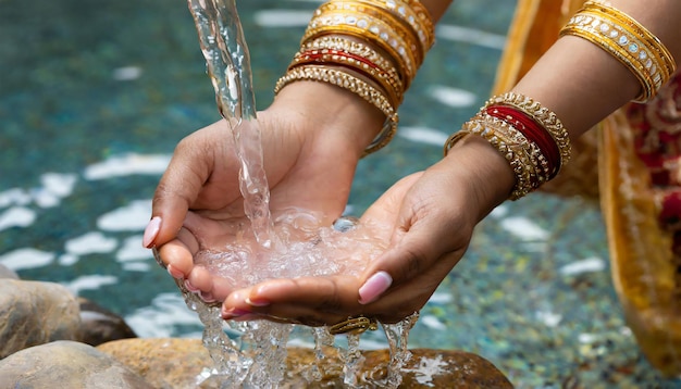 Hermosas manos femeninas lavándose con agua cristalina