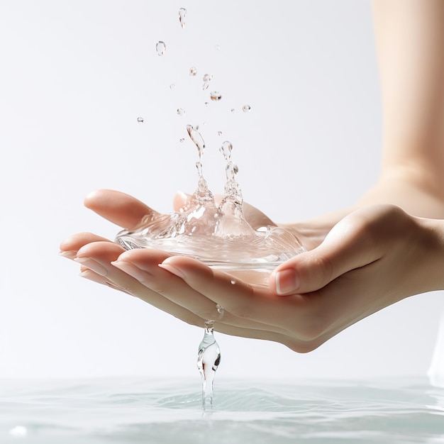 Hermosas manos femeninas lavándose con agua cristalina