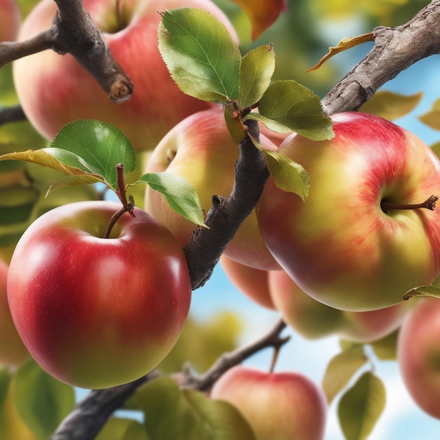 Foto hermosas manzanas maduras que cuelgan de la rama de un manzano