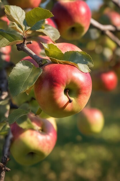 Foto hermosas manzanas maduras que cuelgan de la rama de un manzano