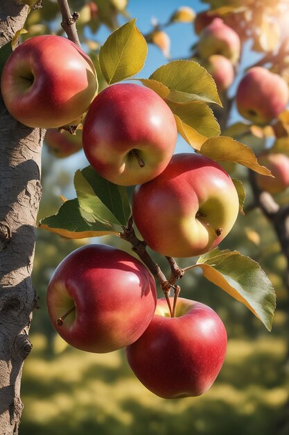 Foto hermosas manzanas maduras que cuelgan de la rama de un manzano