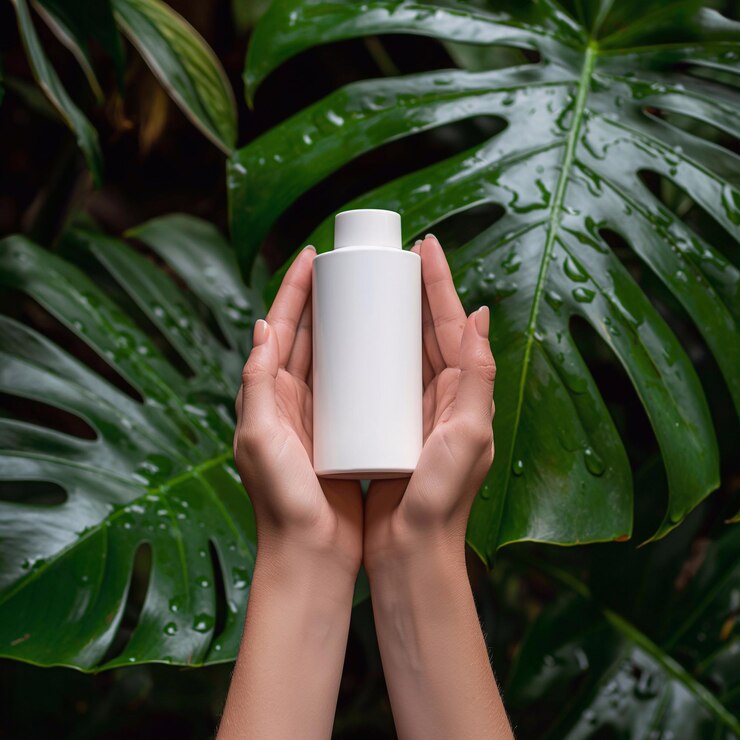 Hermosas maquetas a mano y de productos sobre hojas y gotas de agua de fondo natural